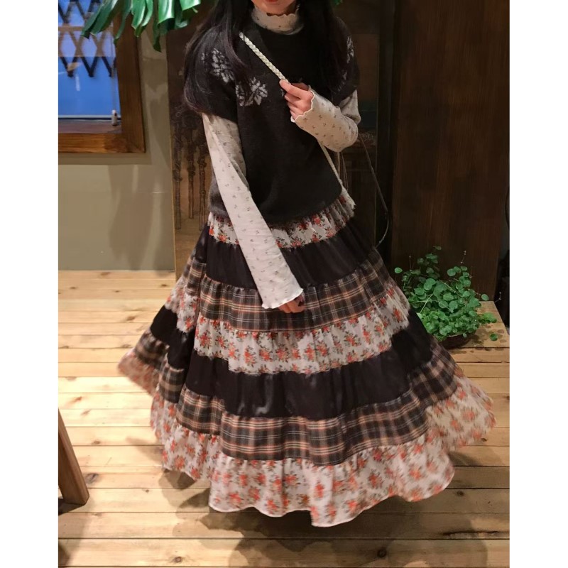 杏仁糖霜 复古格子拼接碎花半身裙古着感vintage拼布裙女