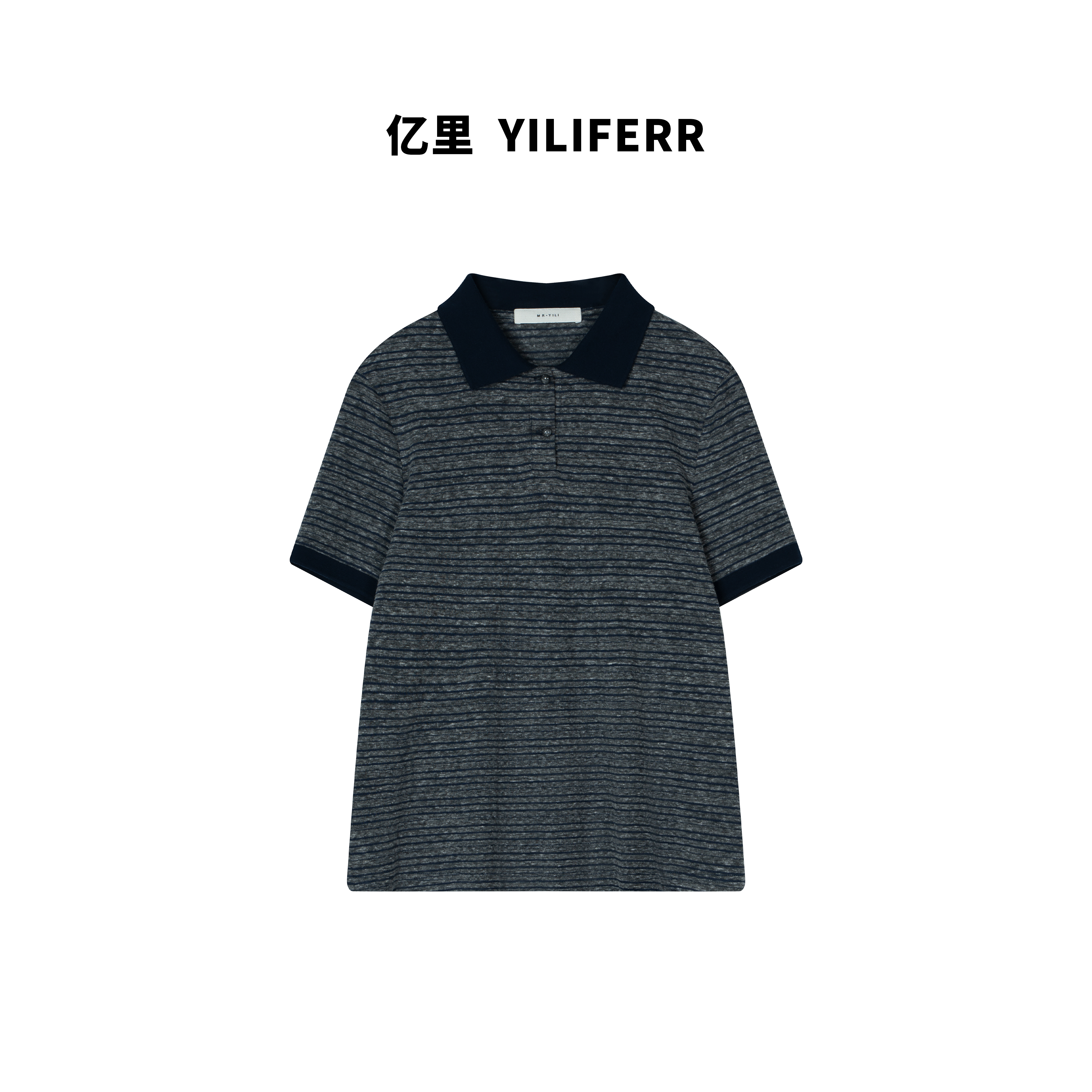 【YILI显瘦女装】时尚polo领条纹撞色拼接针织短袖t Y1084