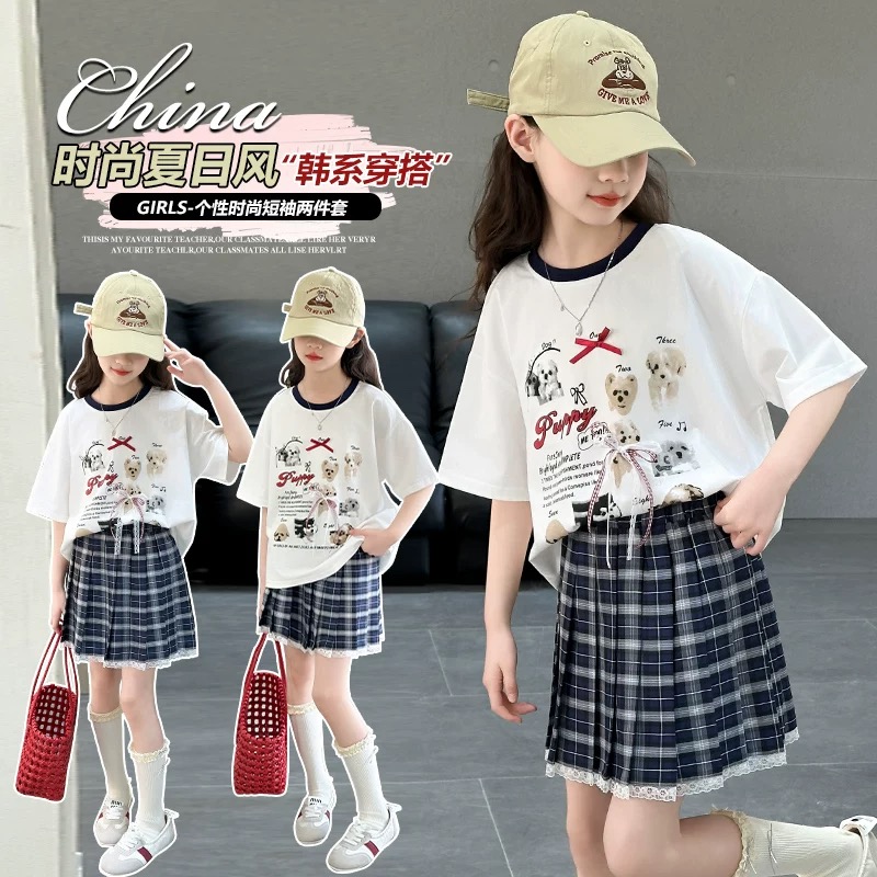 【断码清货】2025夏韩版蝴蝶结小狗格子半裙套装 D569 569 M