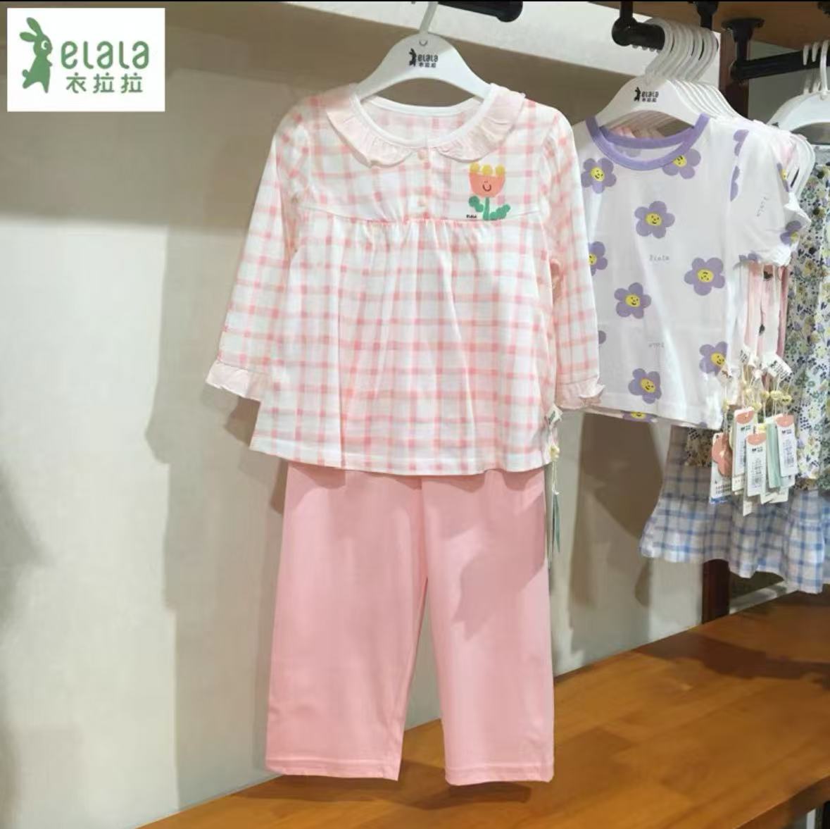 爆款!女宝【格子花朵】夏季新款冰川棉家居服套装