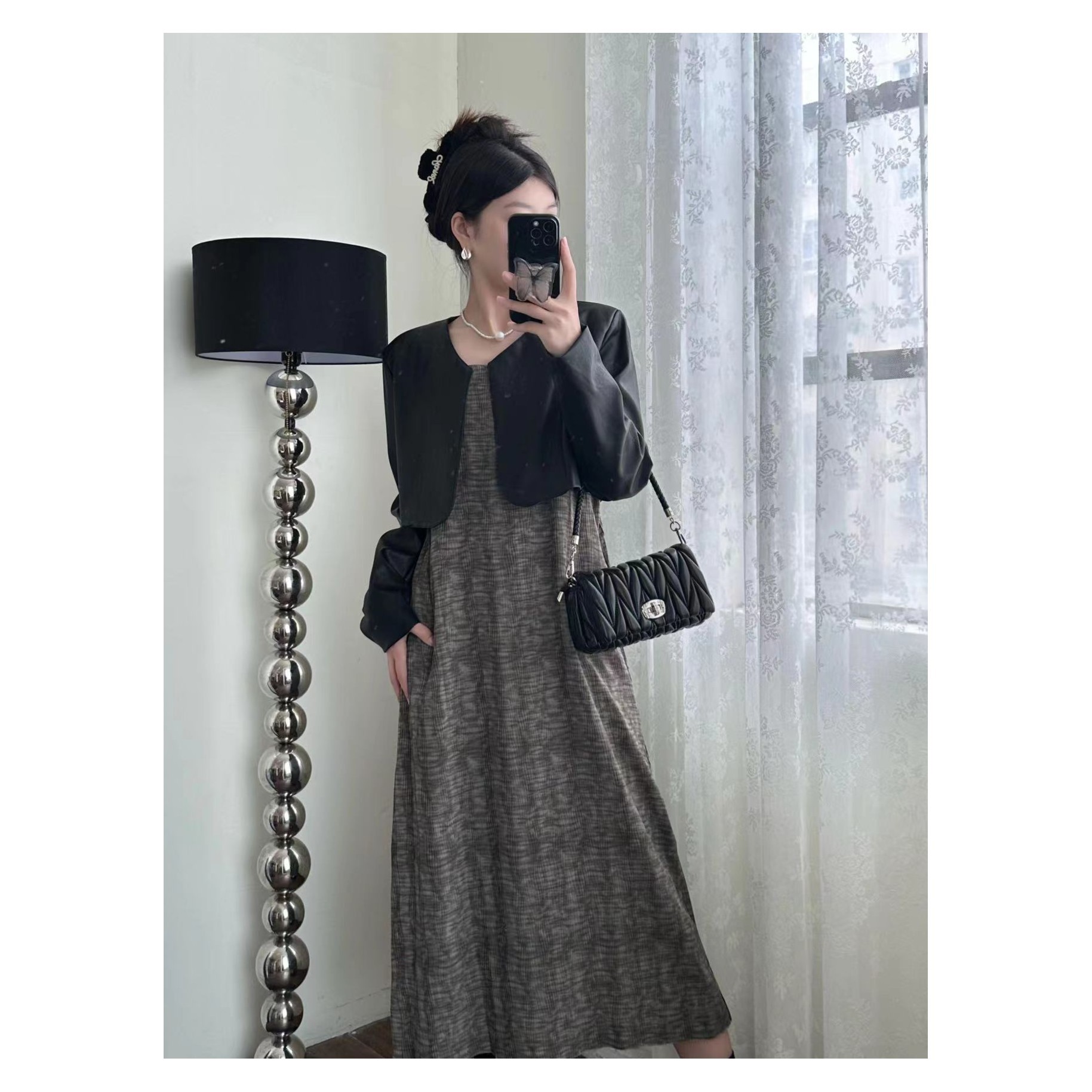 【苏兰文】707皮外套吊带裙两件套女爆款复古时髦穿搭整套