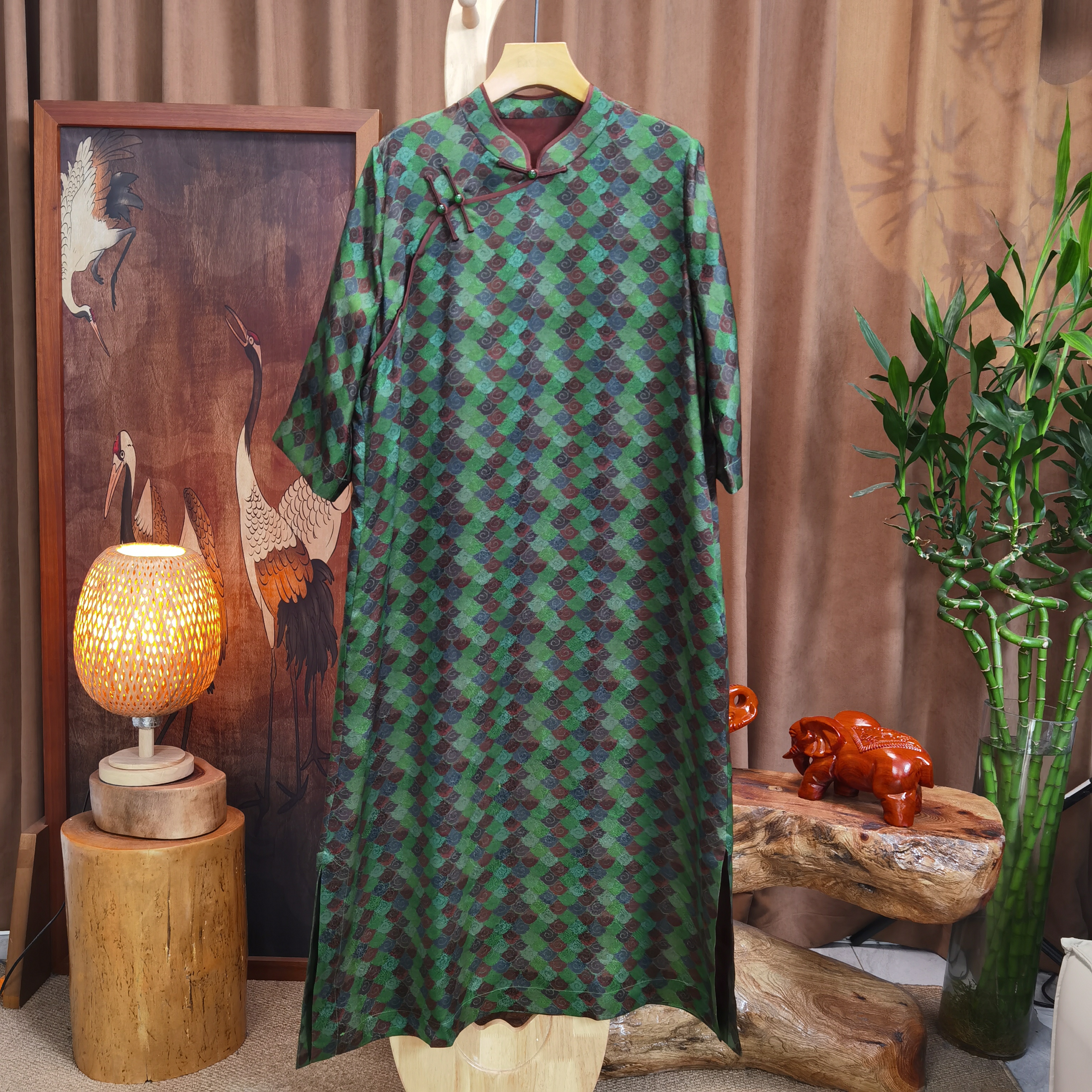 富美国风香云纱连衣裙F6095绿底如意老上海