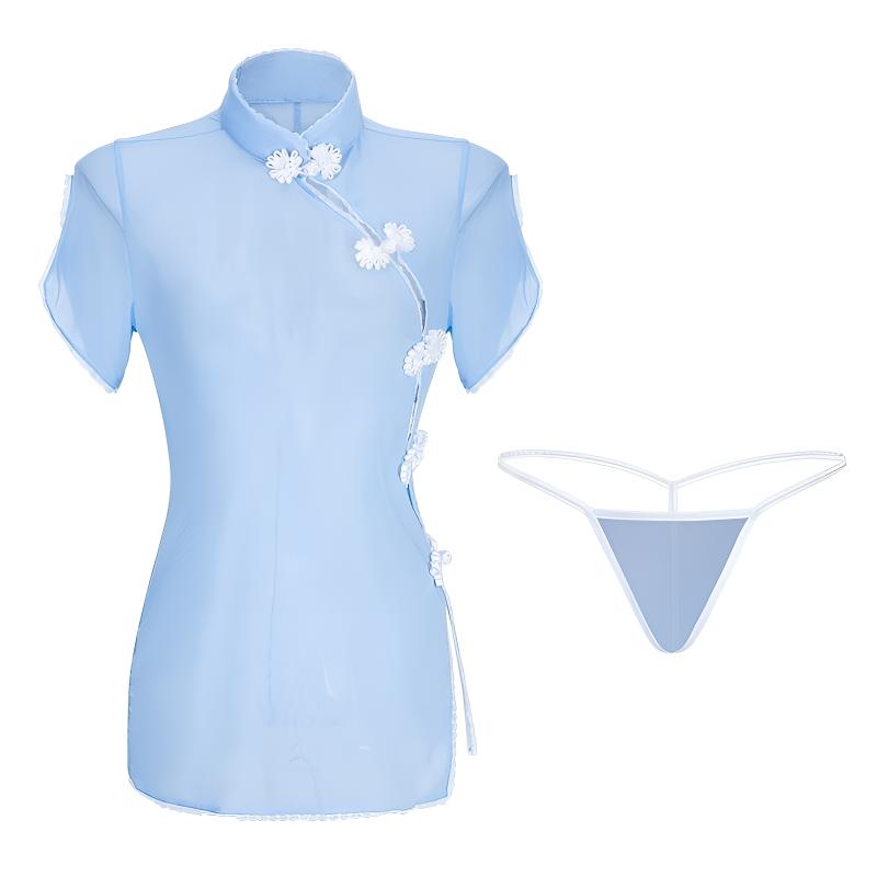 性感复古旗袍睡裙女性感镂空透视修身短款睡衣