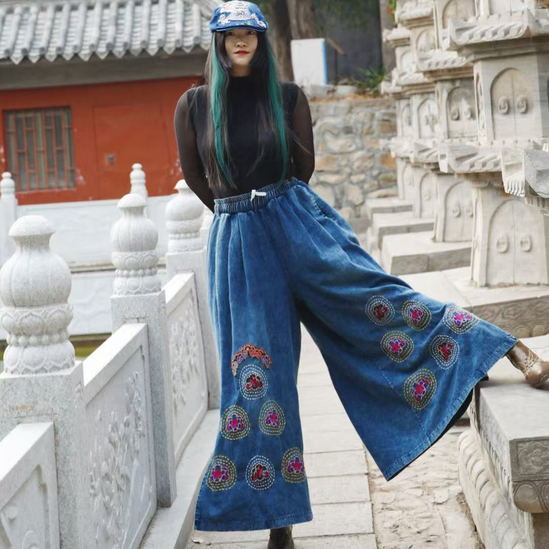 【漫步】民族风中式直筒刺绣阔腿裤松紧腰复古刺绣阔腿裤宽松长裤