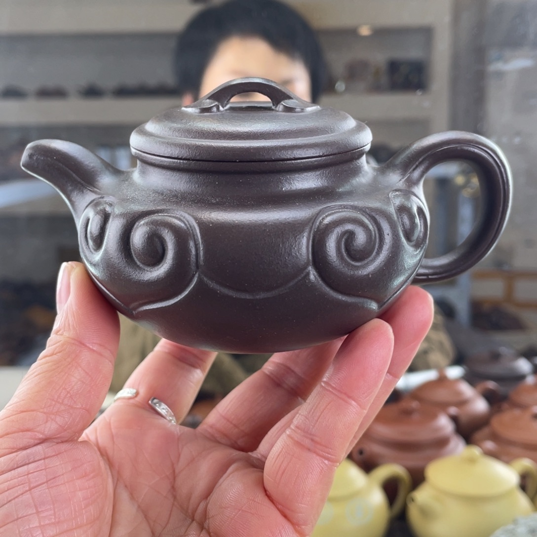 紫砂茶壶大水潭天青手磨料仿古如意220cc