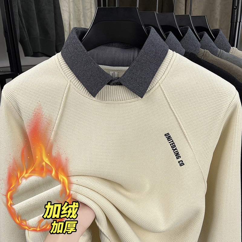 假两件衬衫领毛衣男款冬季加绒加厚男士内搭保暖针织打底衫上衣服