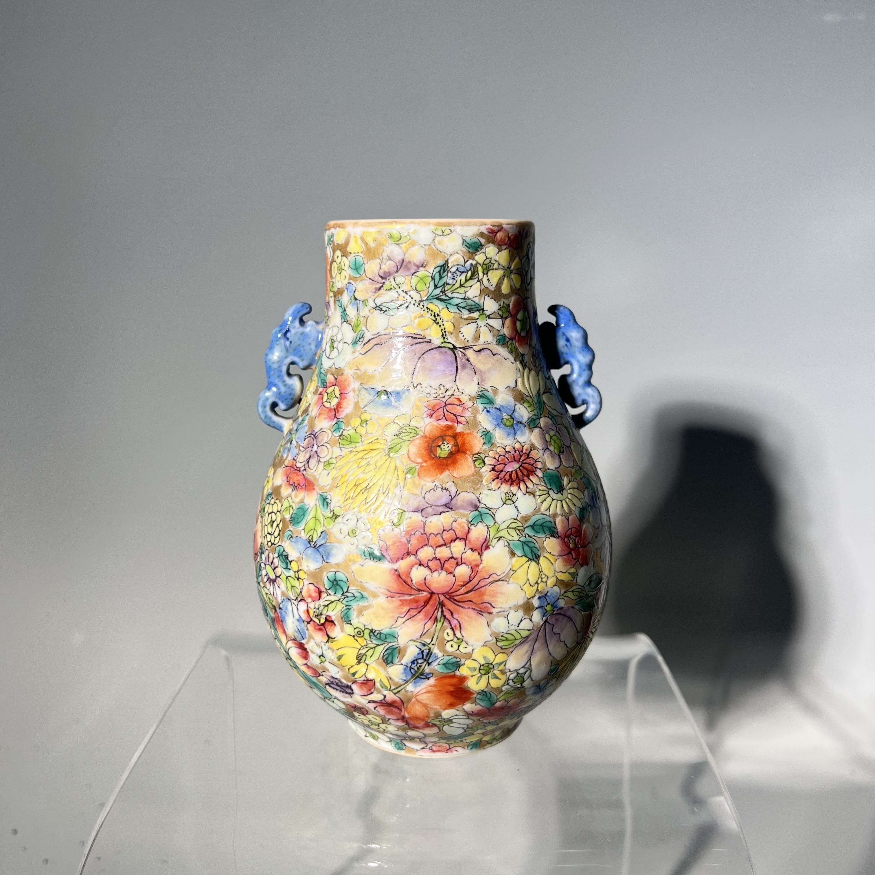 Q-民国 粉彩百花不落地双耳尊 口径5.1 高度13.8