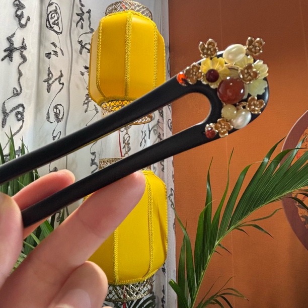 051黑檀木珍珠蝶贝玛瑙发簪时尚国风古典精美发饰