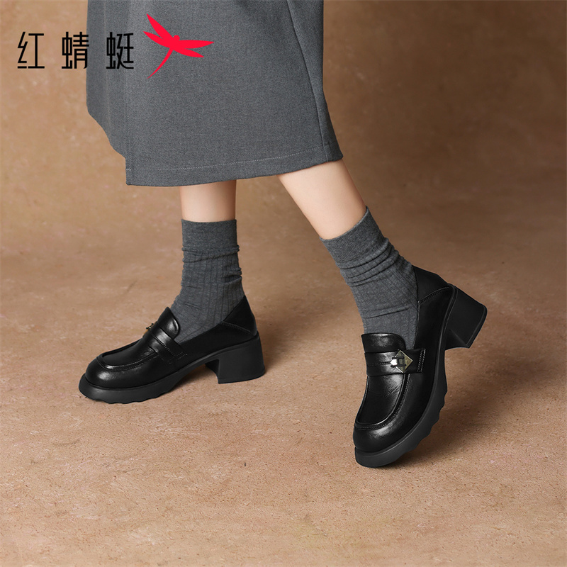 红蜻蜓时尚休闲百搭复古粗跟英伦风舒适春秋厚底圆头厚底乐福鞋