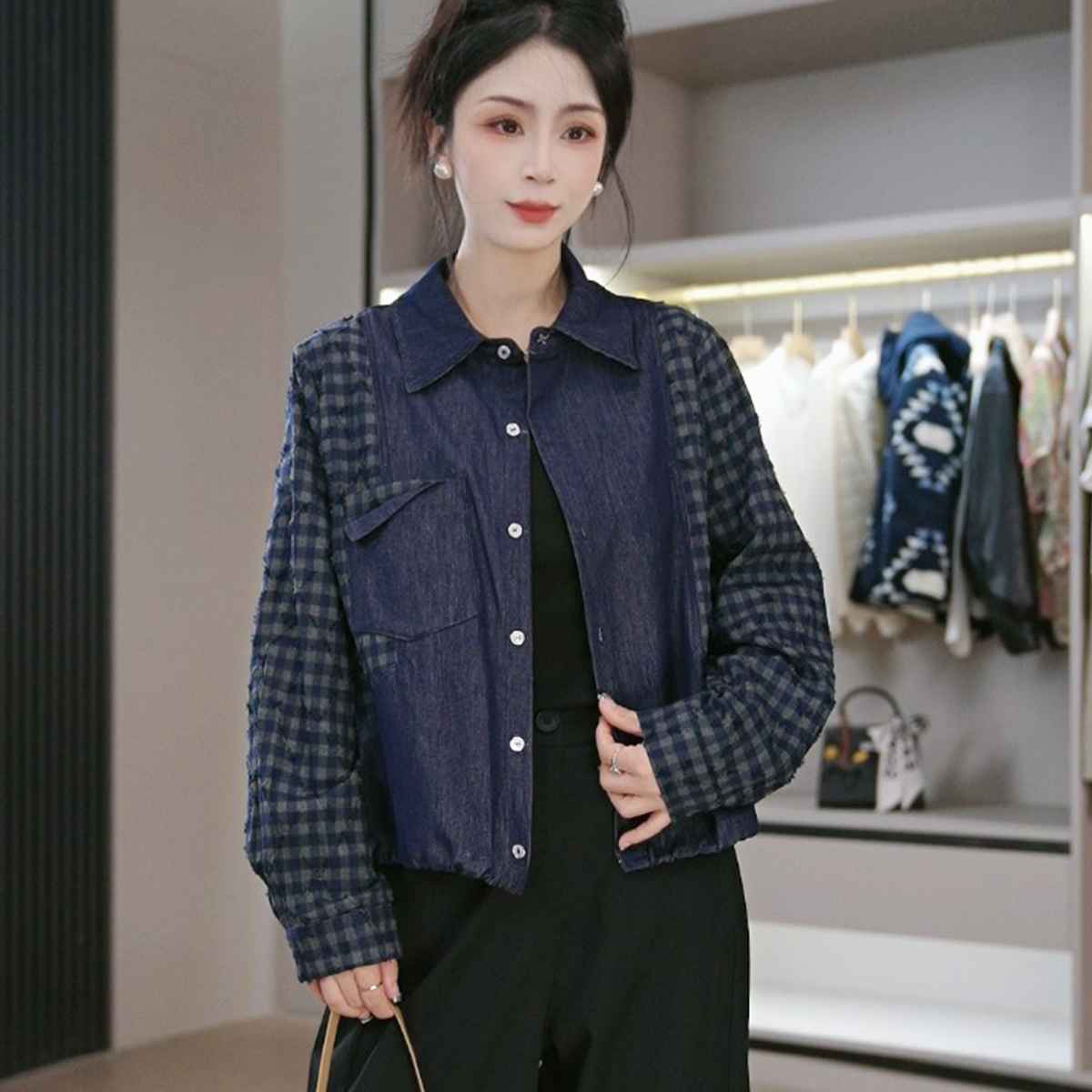开襟女系带秋季春秋翻领短款百搭短外套长袖牛仔