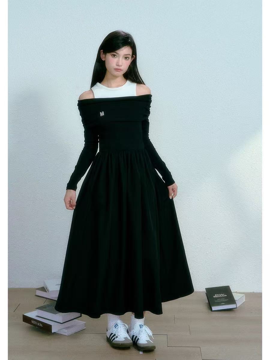 Muse4】复古通勤套头长袖纯色拼接一字肩A字长裙NO退NO换