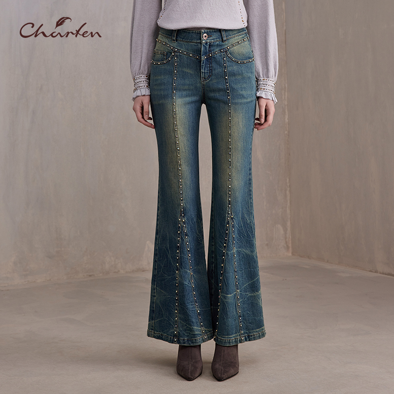 【达人专属】朝峰春秋季做旧铆钉牛仔裤高腰休闲微喇CFE3F820-8058P