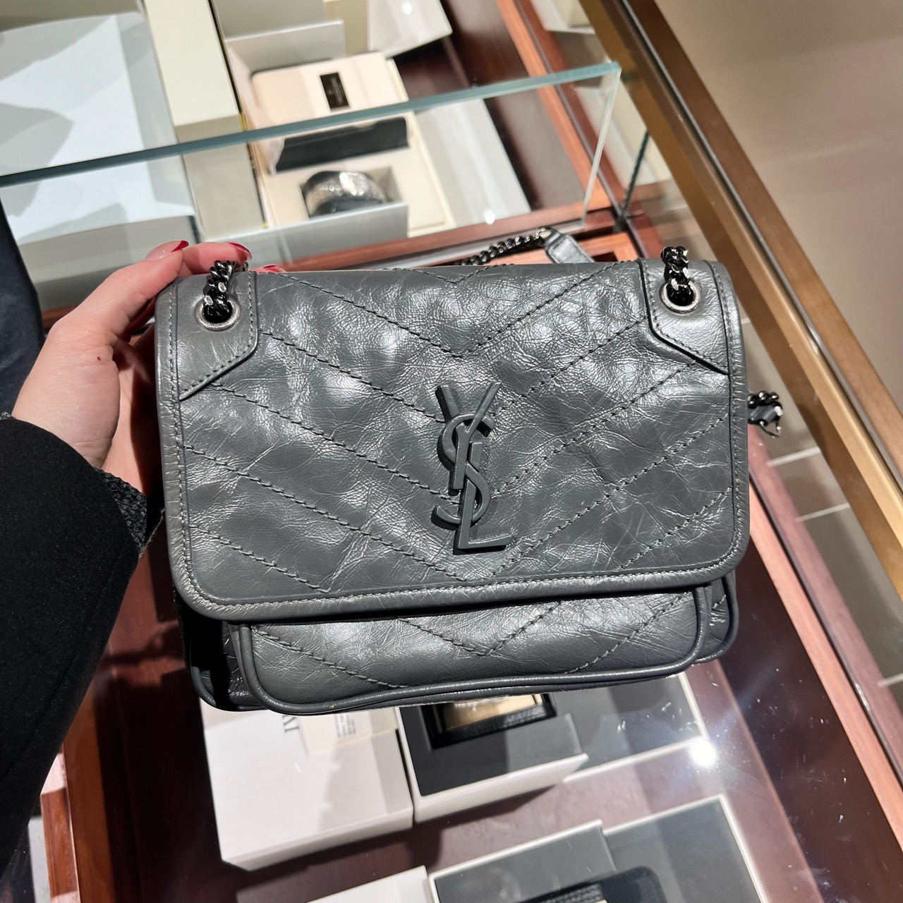 99新 YSL/圣罗兰 灰色niki小号时尚经典单肩斜挎包女款