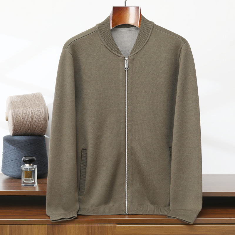 新款秋冬100%精纺羊毛棒球服开衫16针四平加厚男休闲针织羊毛外套