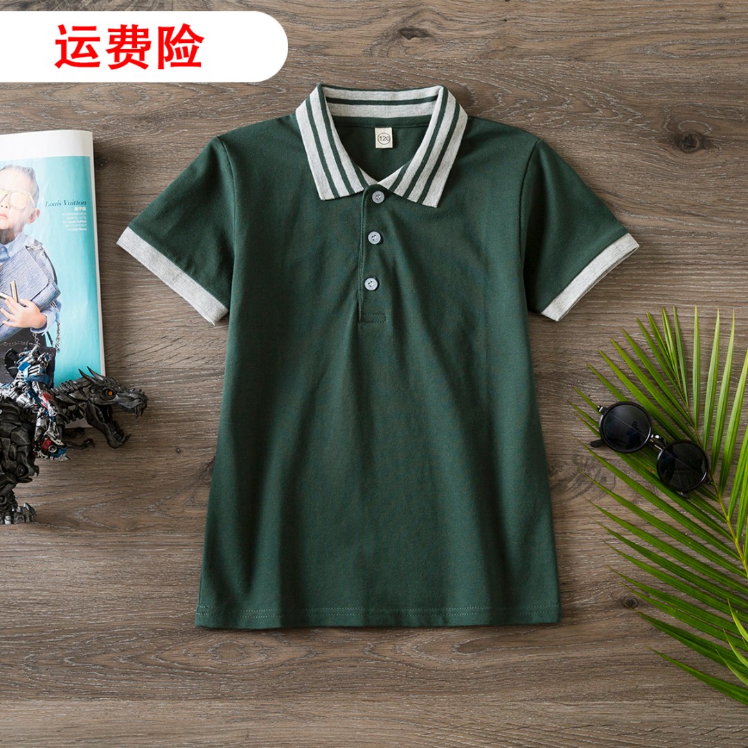 纯棉夏季墨绿POLO衫纯色套头休闲校服立领学生