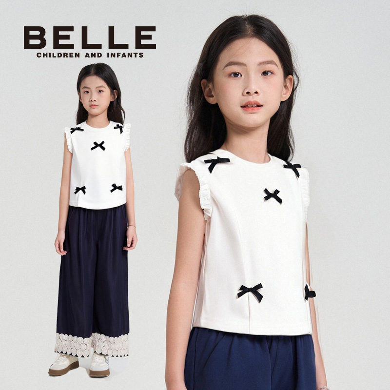百丽夏季女童薄款复古针织宝宝无袖圆领背心夏季女蝴蝶结纯色透气