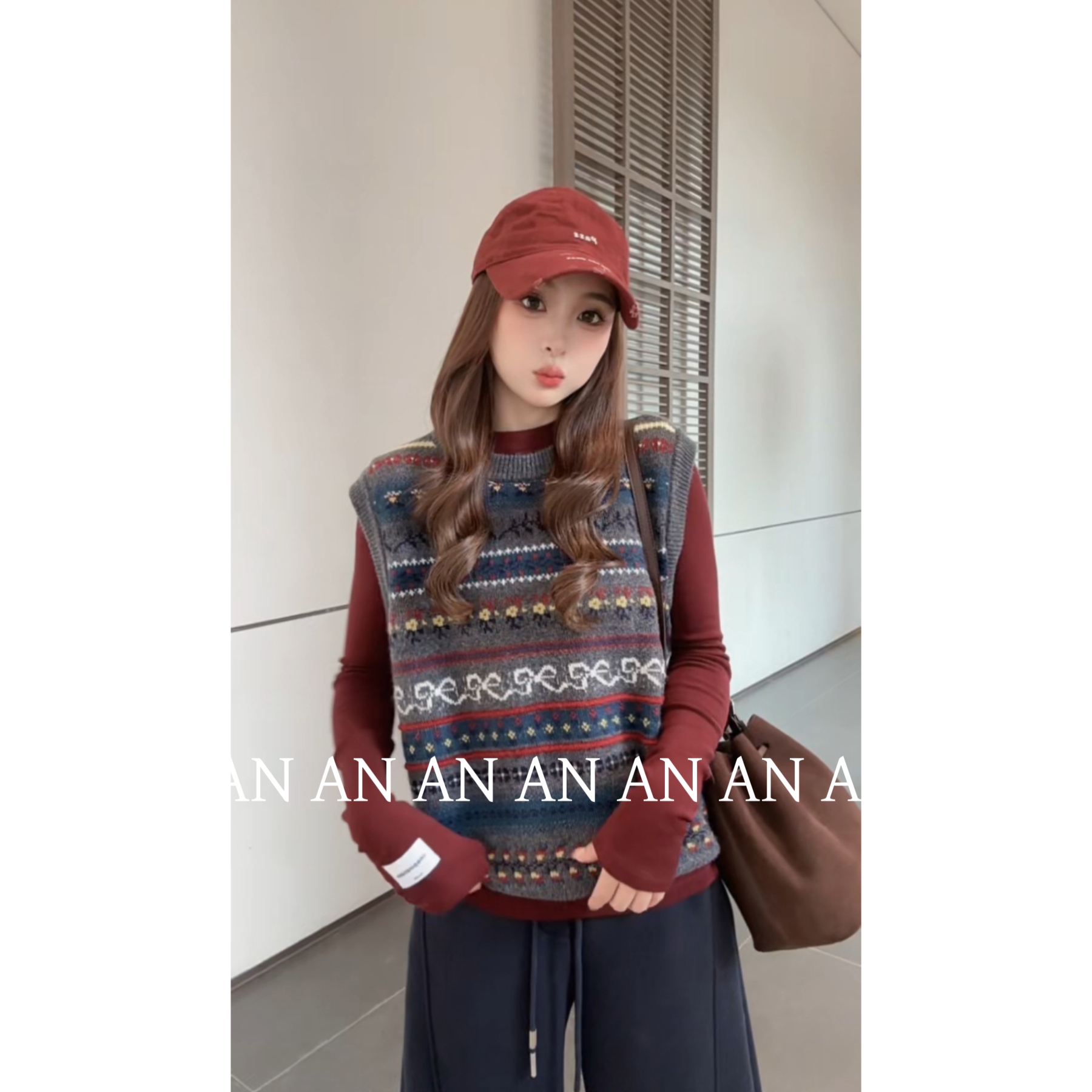 C12100洋气通勤宽松无袖叠穿蝴蝶结条纹毛衣马甲背心