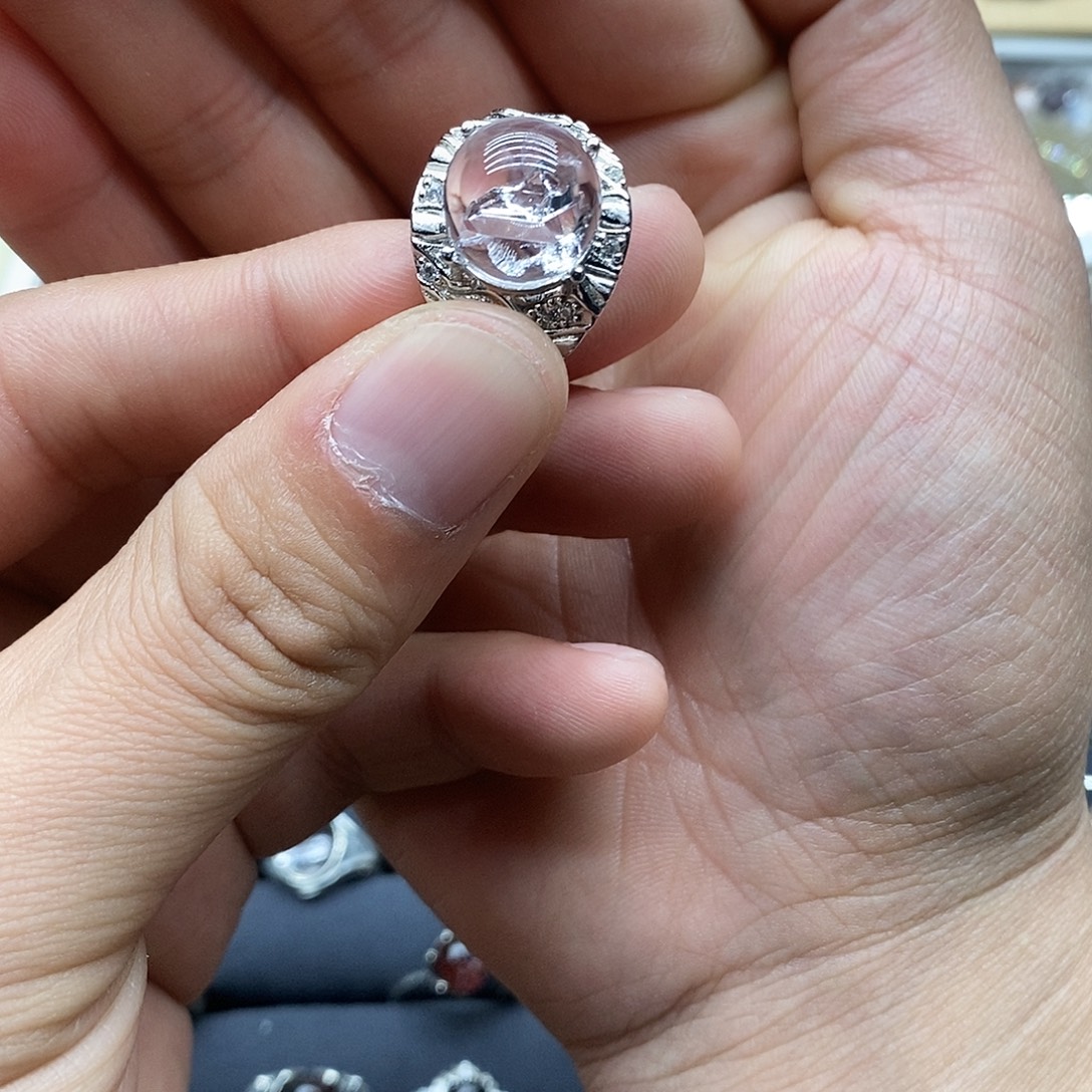 競***文水晶戒指银S925镶嵌活口