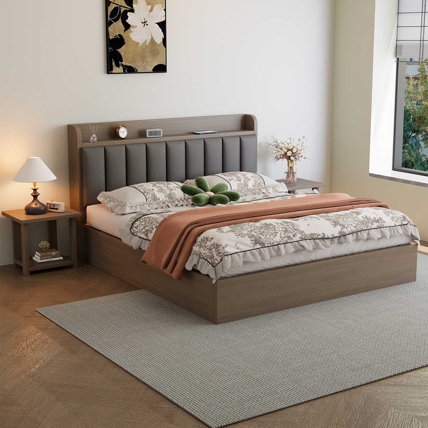 #106床头置物双人简约轻奢实木床主卧室经济型家用