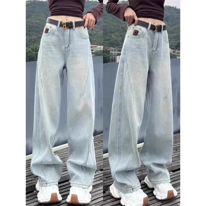 浅蓝色阔腿牛仔裤女秋季新款大码梨形身材高腰显瘦宽松直筒拖地裤