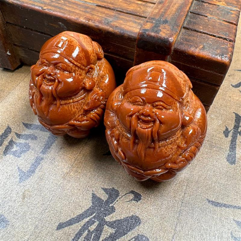 大榄橄榄核雕刻橄榄核元甲财神手球一对