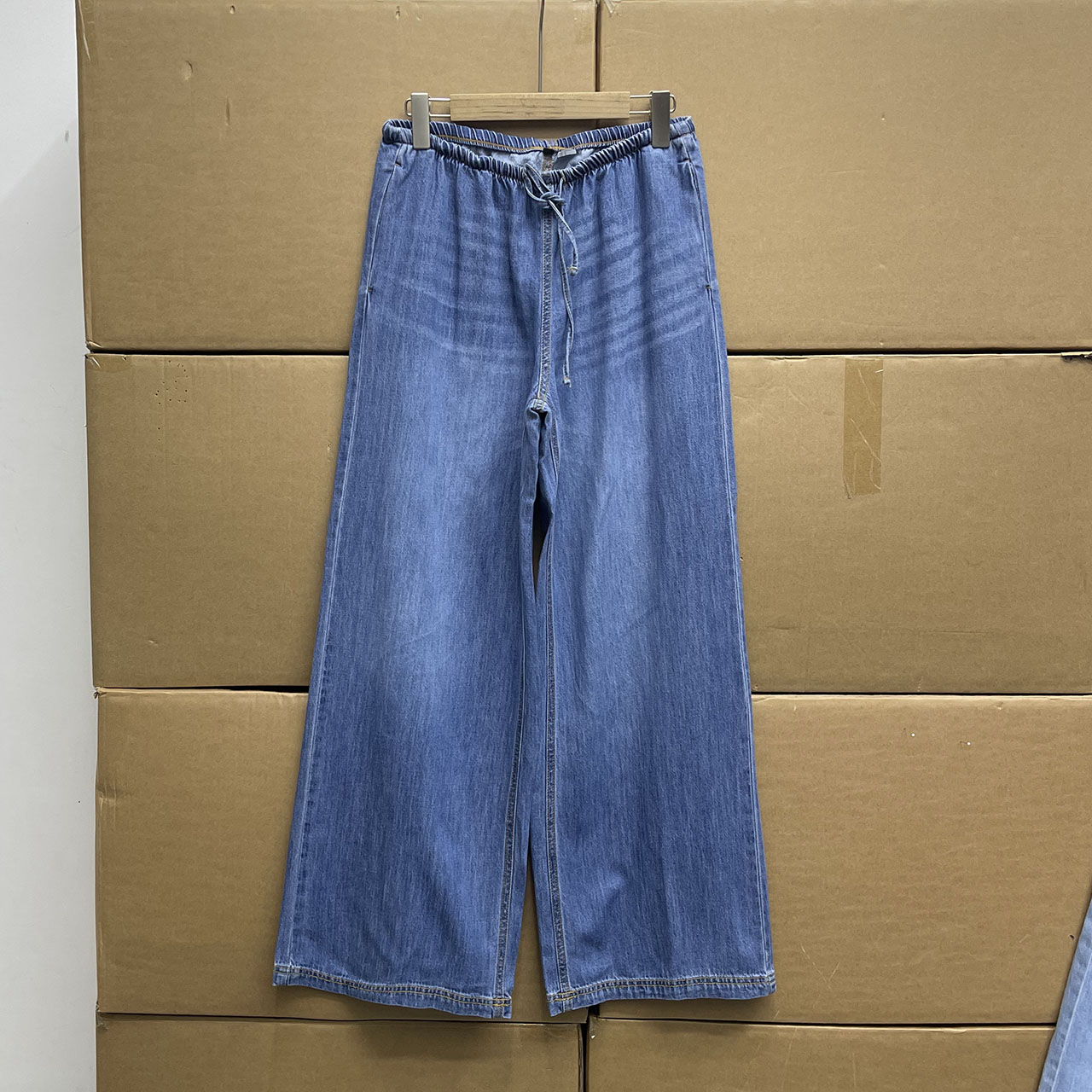 瑞典单！！ H*M女装牛仔裤2025夏季新款中腰舒适阔腿抽绳式直筒长裤