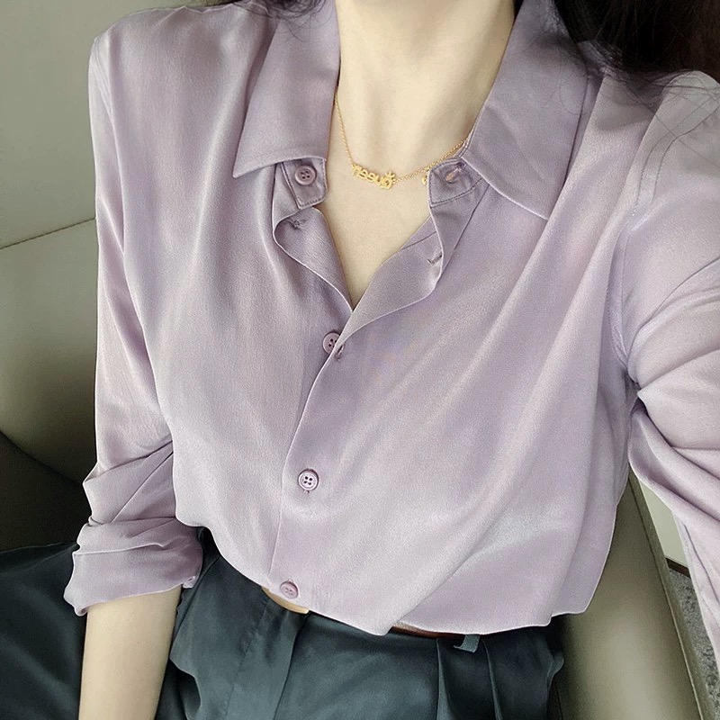 弦婵丝优雅法式轻文艺经典简约气质清新淡紫色软糯砂洗桑蚕丝衬衫