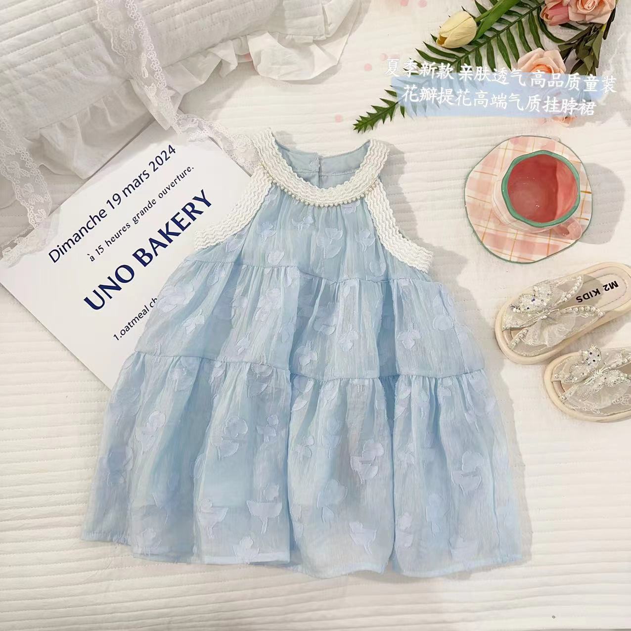 汤圆家童装2025夏季新款韩系甜美高端气质提花挂脖连衣裙 YA-1985