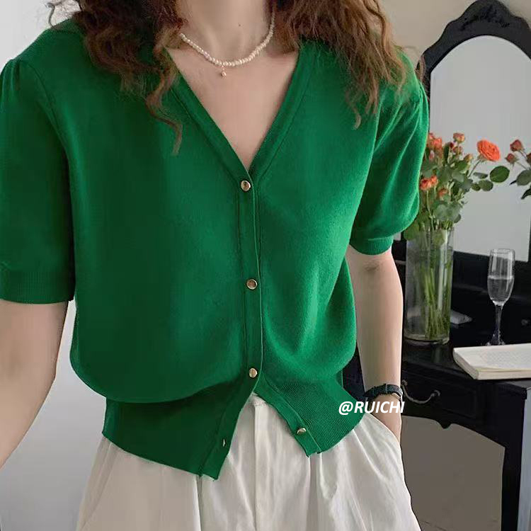 法式精致2025夏季针织开衫上衣百搭时尚V领显瘦针织衫