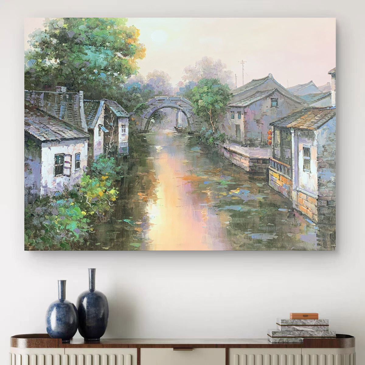 《水乡晨韵》50*60含内框，刘春建手绘油画装饰画，客厅背景墙挂画