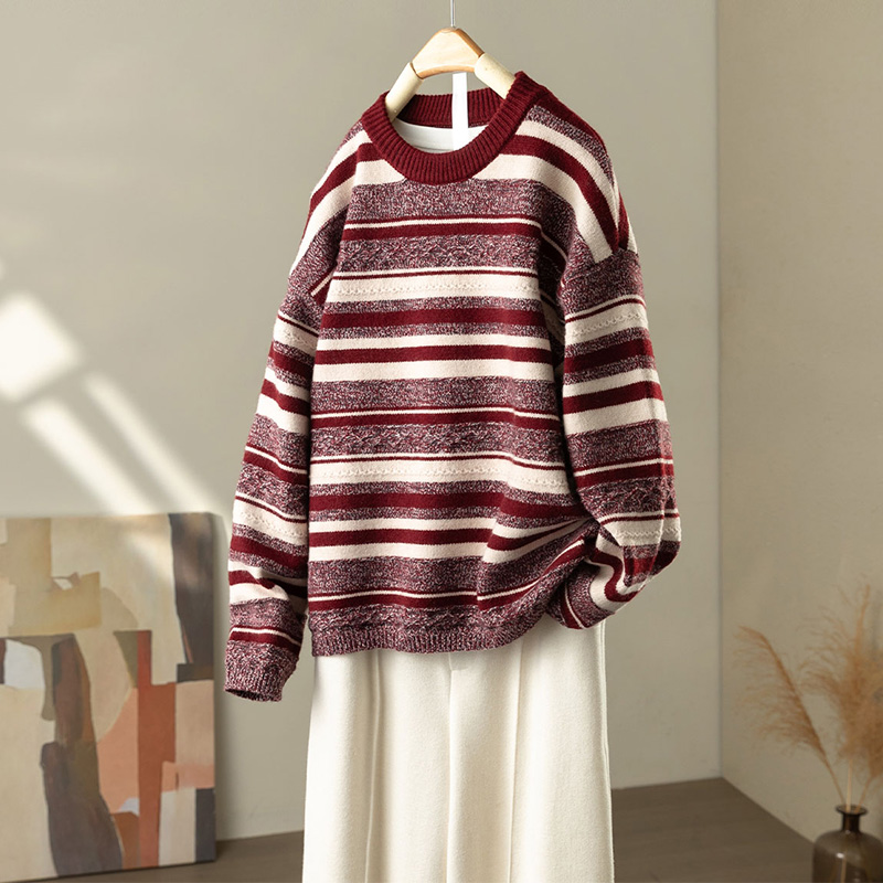 0748*条纹时尚拼色套头针织衫宽松圆领长袖洋气针织上衣