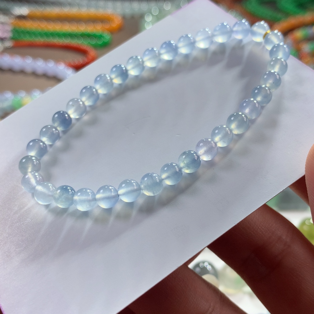 翡翠未镶嵌手链翡翠玻璃钢淡蓝钢卡5+