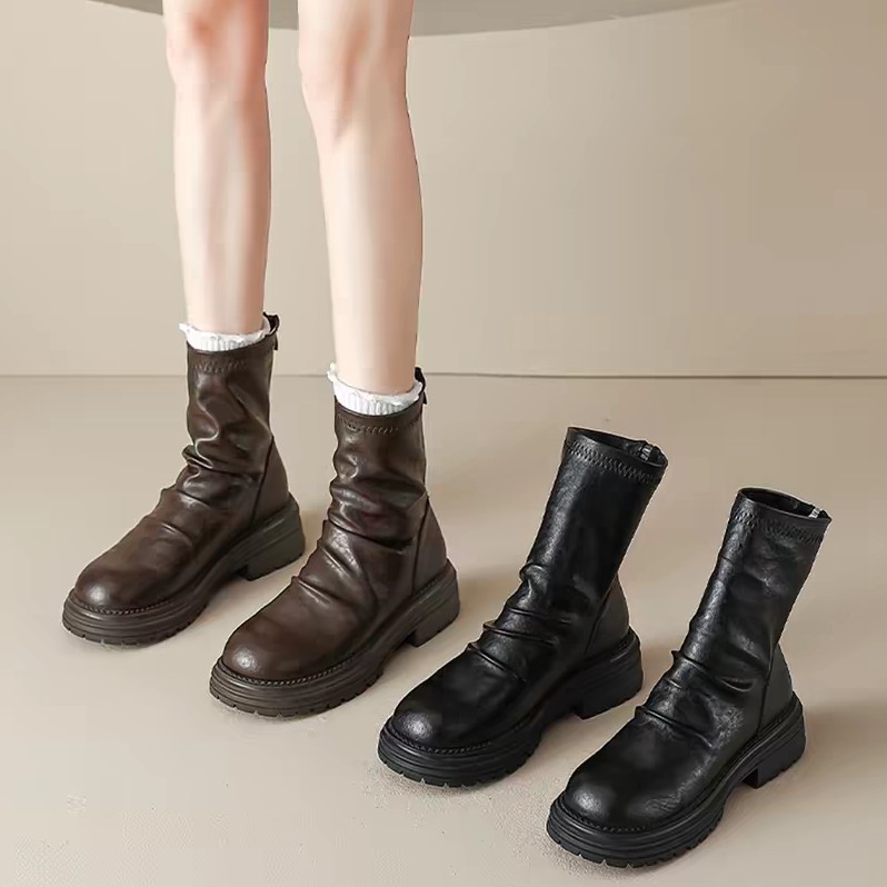 真皮褶皱瘦瘦短靴粗跟堆堆靴厚底英伦风加绒马丁靴20551