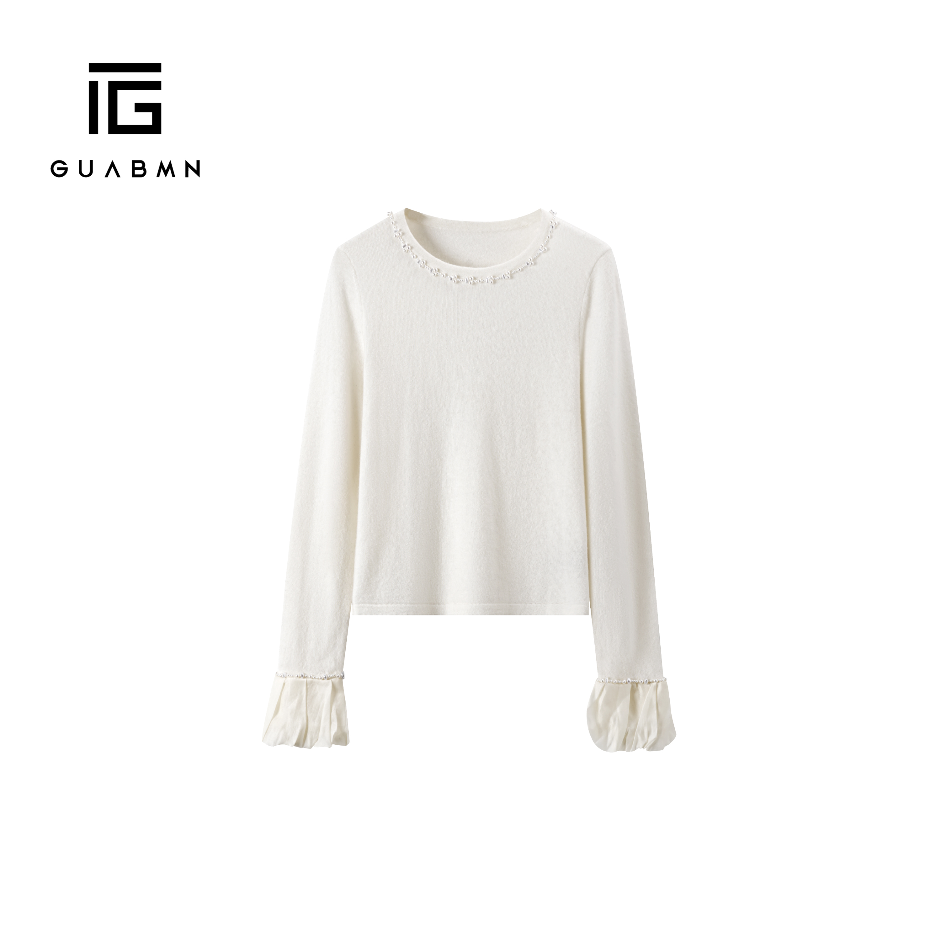 GUABMN2025秋季新款气质珍珠领喇叭袖毛衣针织内搭打底上衣5870