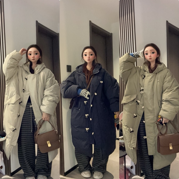 双轨 鹅绒牛角扣2025新款90鹅绒中长款加厚连帽羽绒服女韩版宽松