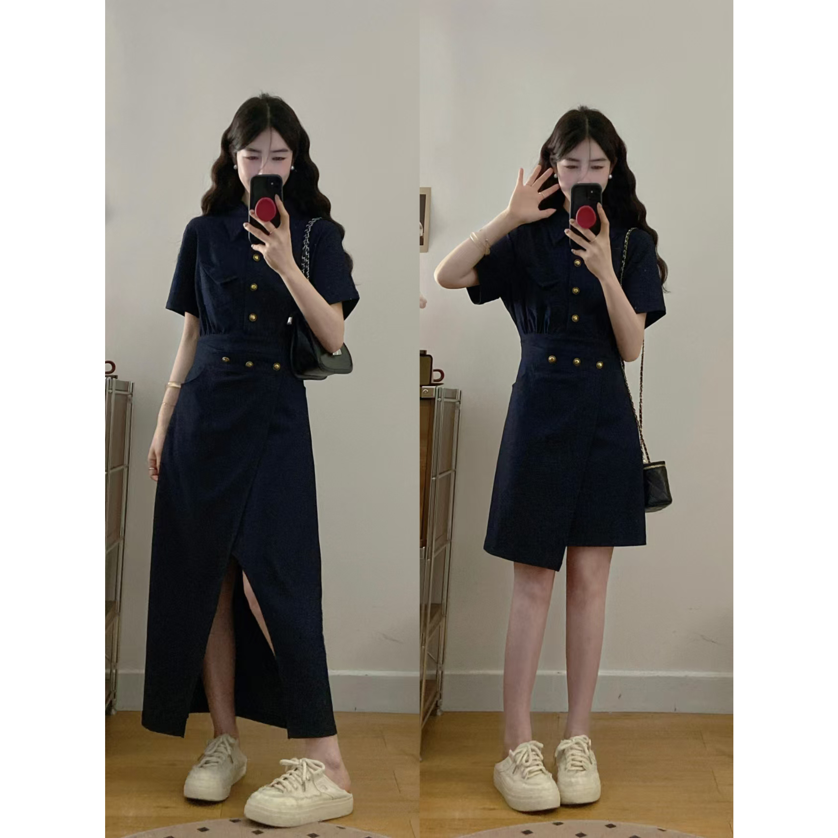 大码夏季复古高级感牛仔显瘦短袖连衣裙胖mm衬衫裙子