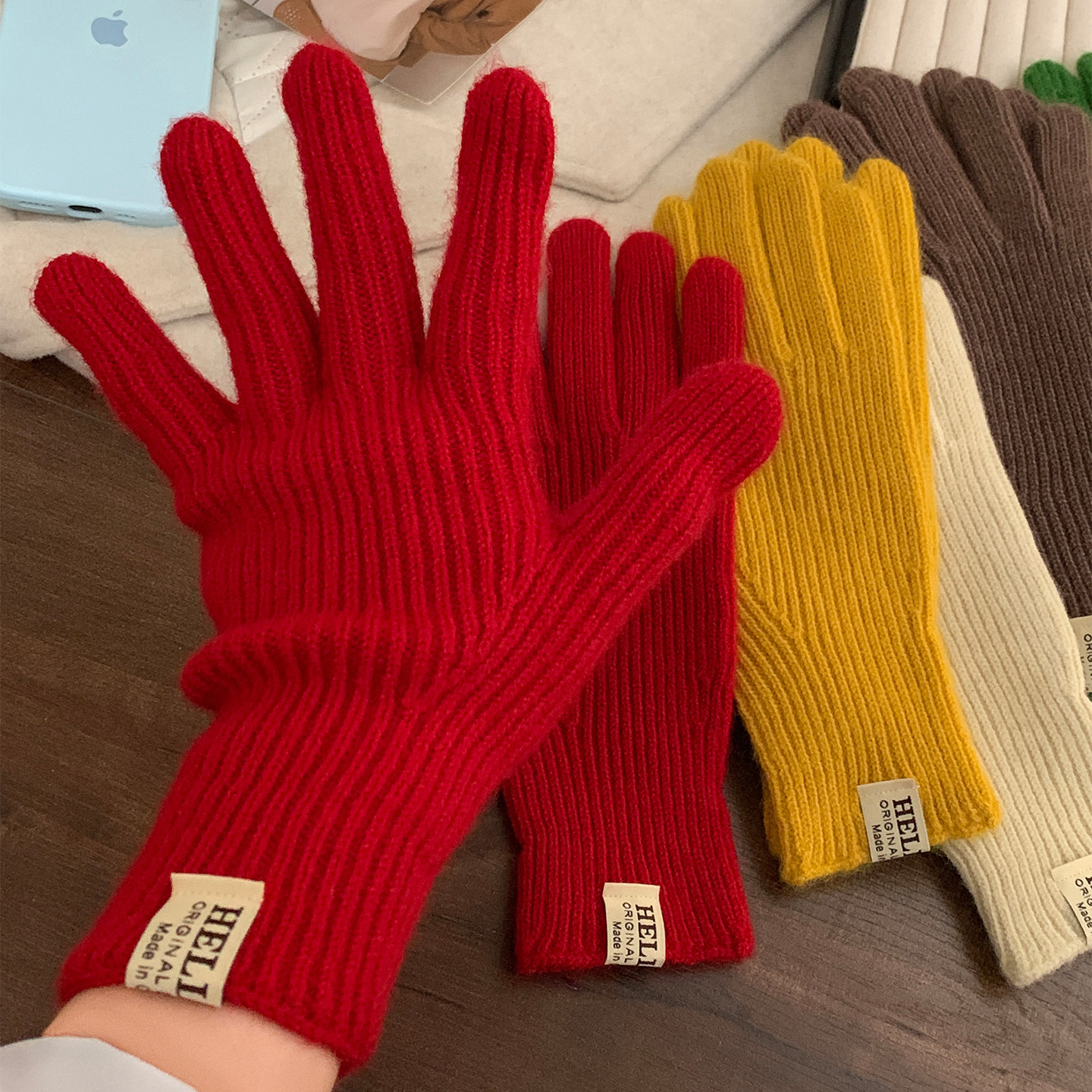 韩版漏趾可触屏五指分指纯色手套女冬季保暖防寒防冻红色针织手套