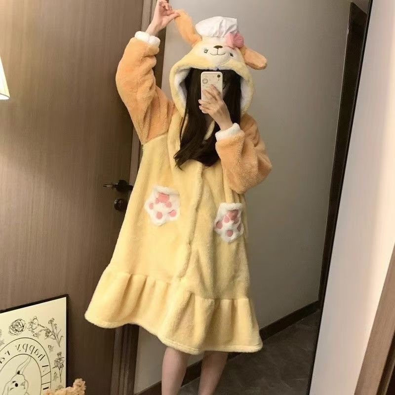 黄油饼饼厨师狗睡衣女冬季珊瑚绒加厚加绒冬天长款睡袍家居服套装