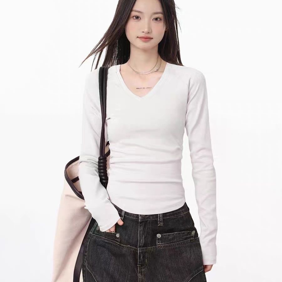 长袖V领正肩秋冬女士显瘦百搭加绒打底T恤