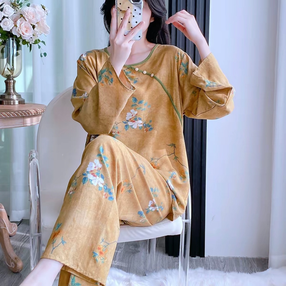 金枝玉叶棉绸世家长袖睡衣女春夏薄款宽松家居服