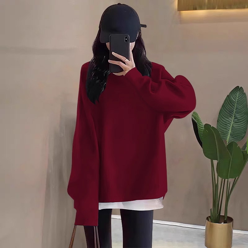 假两件圆领卫衣女2025秋冬新款中长款盖遮屁股加厚酒红色纯色上衣