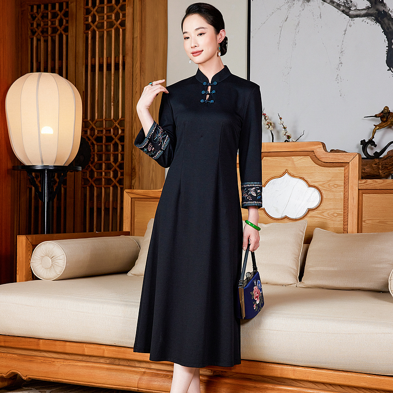 【墨锦琛韵】针织复古日常中式秋冬气质显瘦民族风旗袍连衣裙W25801