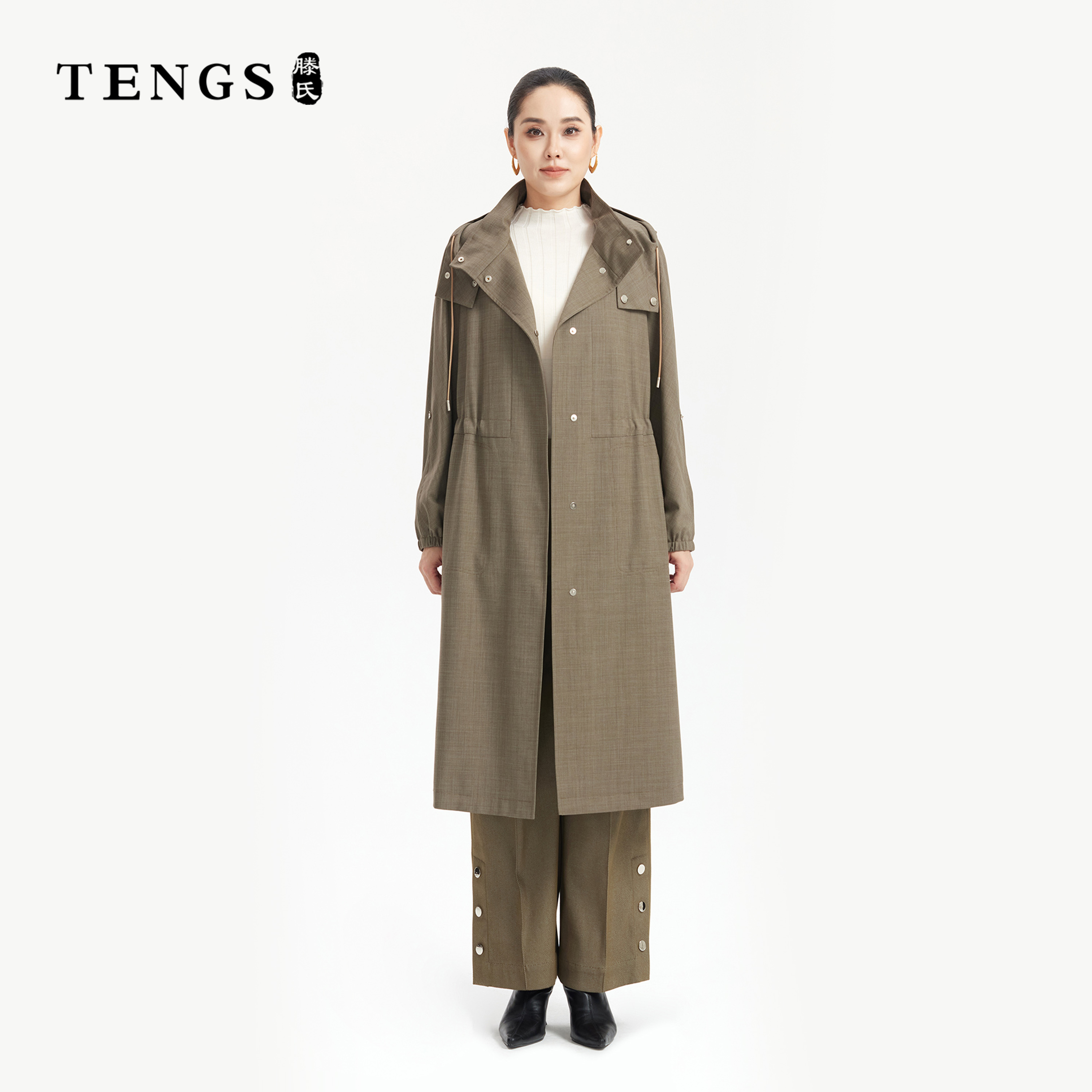 TENGS滕氏女装秋季休闲榆木色气质百搭长款风衣外套