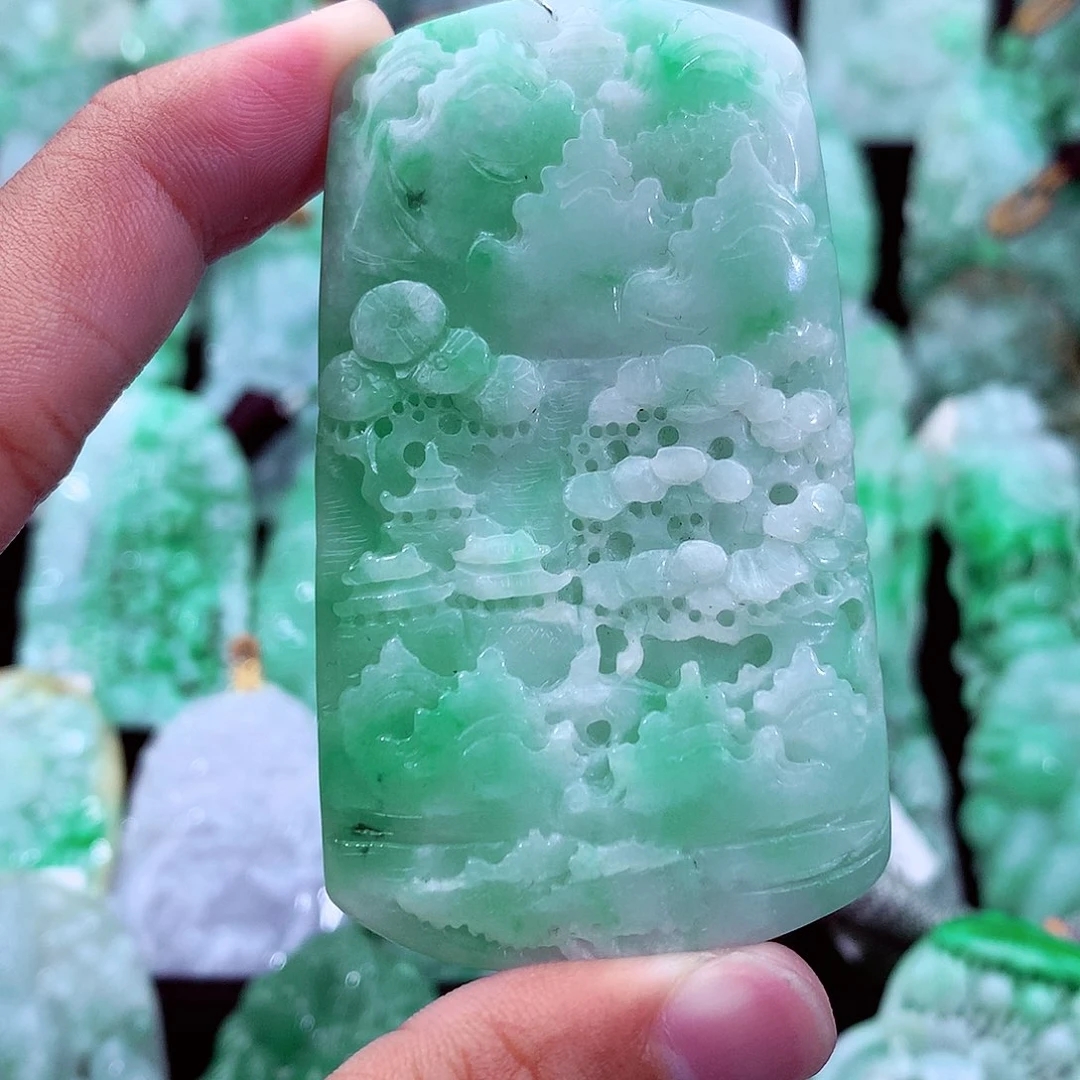 天然A货翡翠山水牌