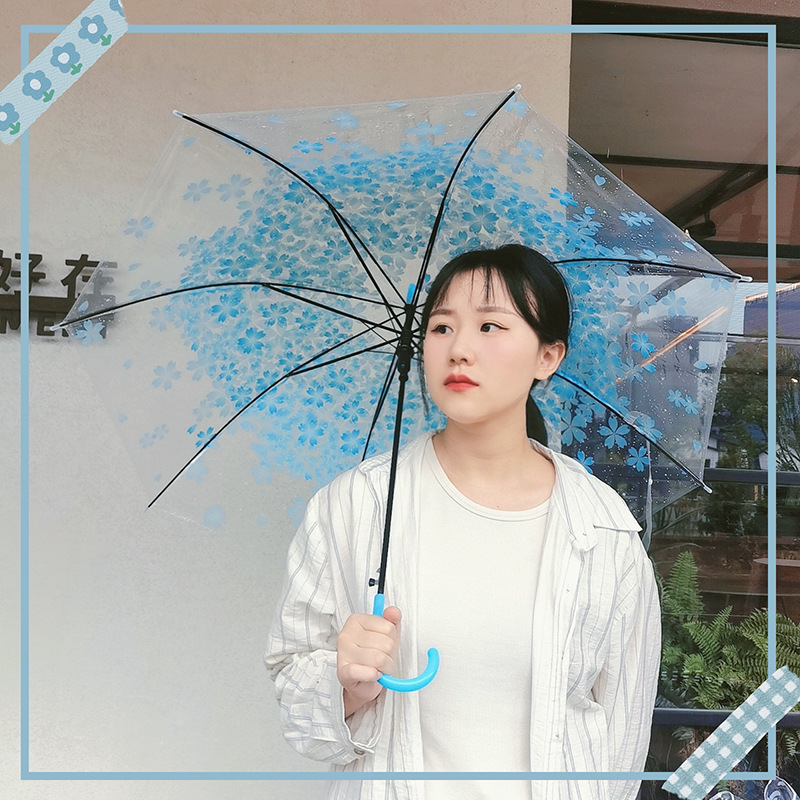 长柄樱花雨伞折叠可爱萌女神韩国小清新简约森系三折樱花透明伞