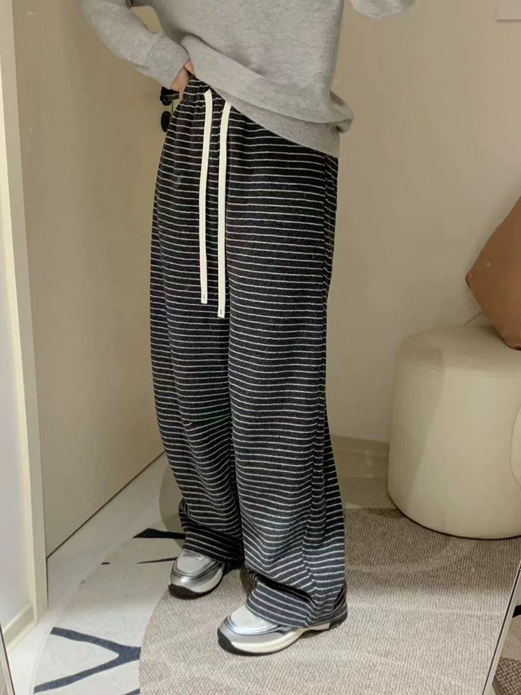 妮妮家9965条纹加绒加厚百搭高腰显瘦直筒休闲裤