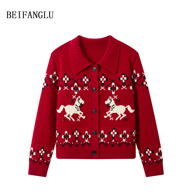 北方鹿 100%绵羊毛明星穿搭新年小马提花开衫女251475