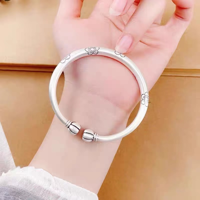 足银手镯 足银 复古梅花开口实心贵妃镯CL055