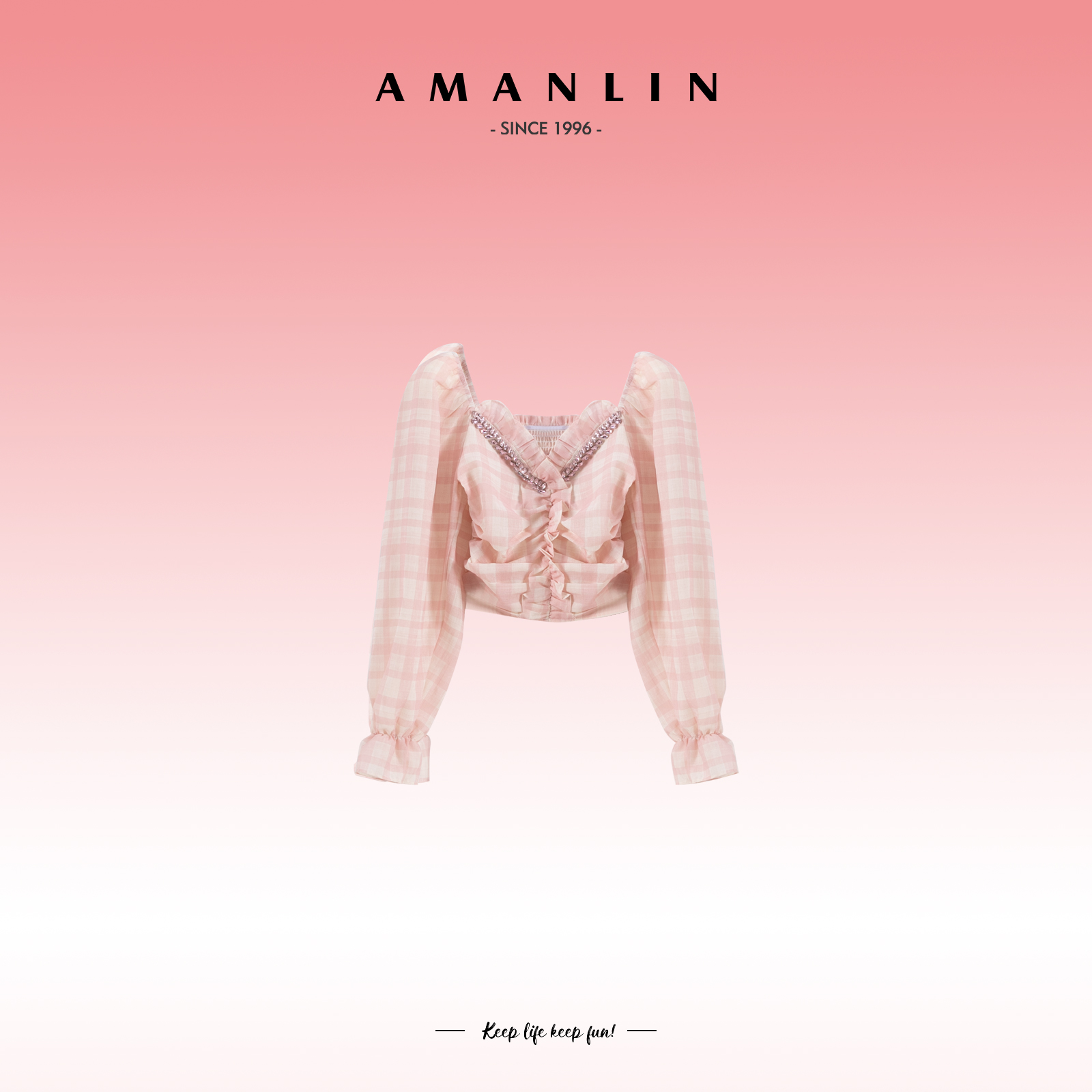 AMANLIN/阿谩琳春季甜美风方领显瘦小众格纹抽绳长袖 T恤Y595733