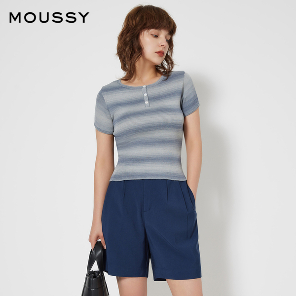 MOUSSY 春季休闲风修身弹性条纹套头短袖针织衫010FS770-0690